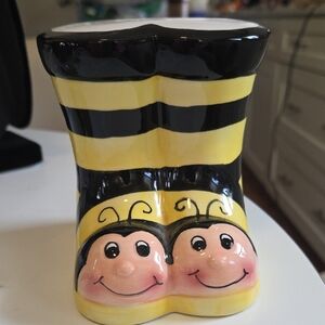 Bee Stripe Ceramic Planter - Yellow & Black Smiling Faces